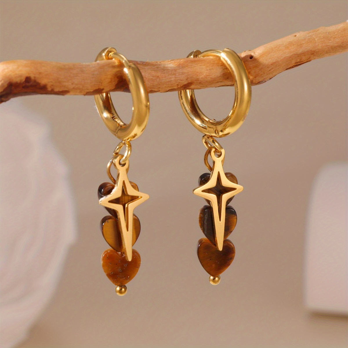 Women's 18K Gold Plated Tiger's Eye Stone Leaf Starburst Drop Hoop Earrings